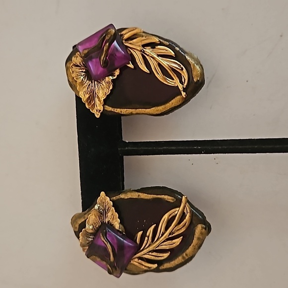 Jewelry - Resin & Metal Handcrafted Leaf Rhinestone Earrings